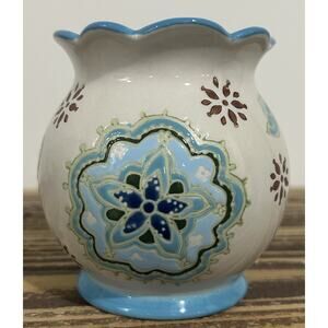 Vintage Dutch Wax Coastline Imports 4” Blue Flowered Multi-Color Floral Vase Jar